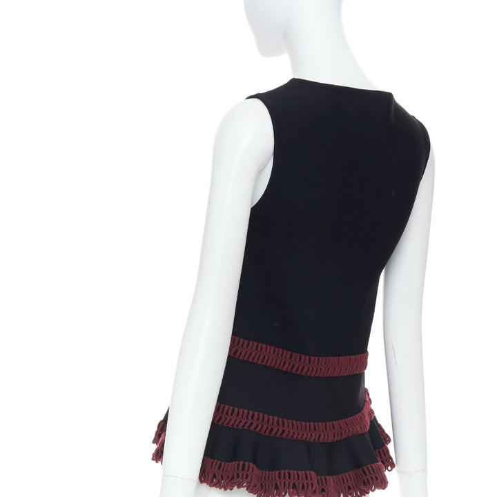 ALAIA burgundy openwork crochet tiered ruffle viscose blend peplum top FR36 S