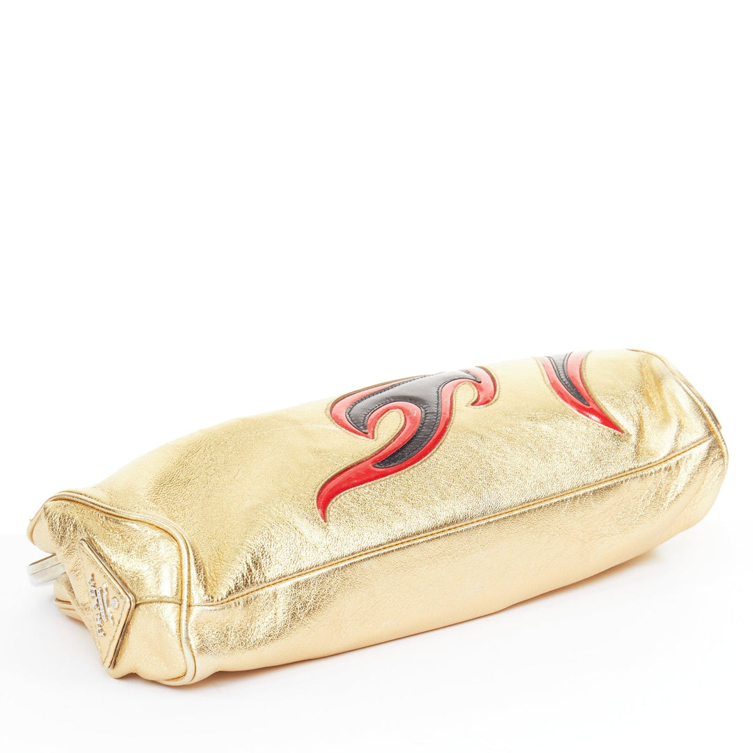 PRADA 2012 Runway hot rod metallic gold leather flame detail clutch bag