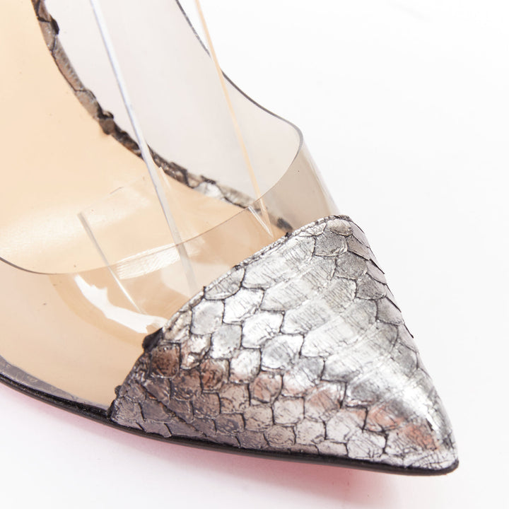 CHRISTIAN LOUBOUTIN Un Bout 120 metallic lame silver watersnake PVC pumps EU37.5
