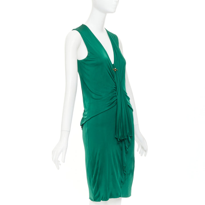 GUCCI 2008 emerald green viscose gold hardware draped V neck midi dress L