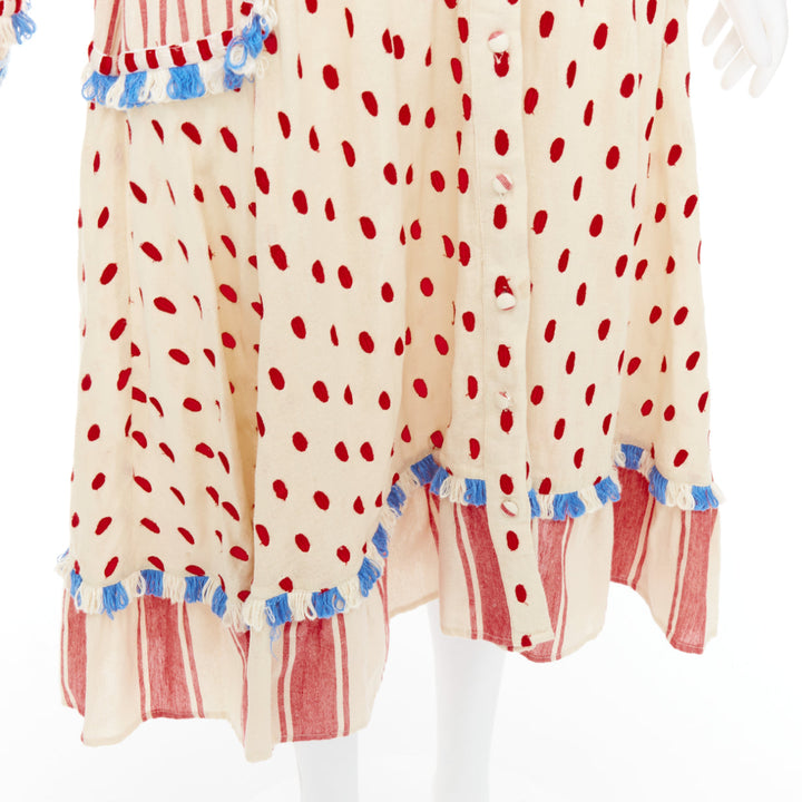 DODO BAR OR Padma beige red blue knotted embroidery cotton boho dress US0 XS