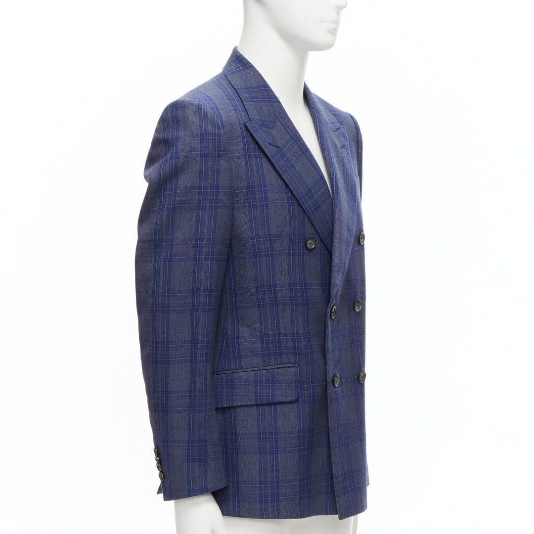 ALEXANDER MCQUEEN 2014 navy blue check wool double breasted blazer IT48 M