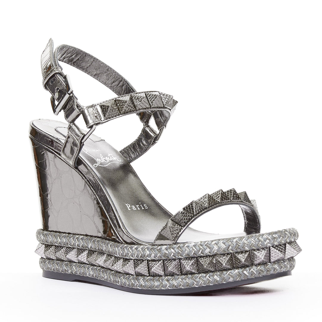 CHRISTIAN LOUBOUTIN Pyraclou 110 Anthracite silver studded espadrille wedge EU37
