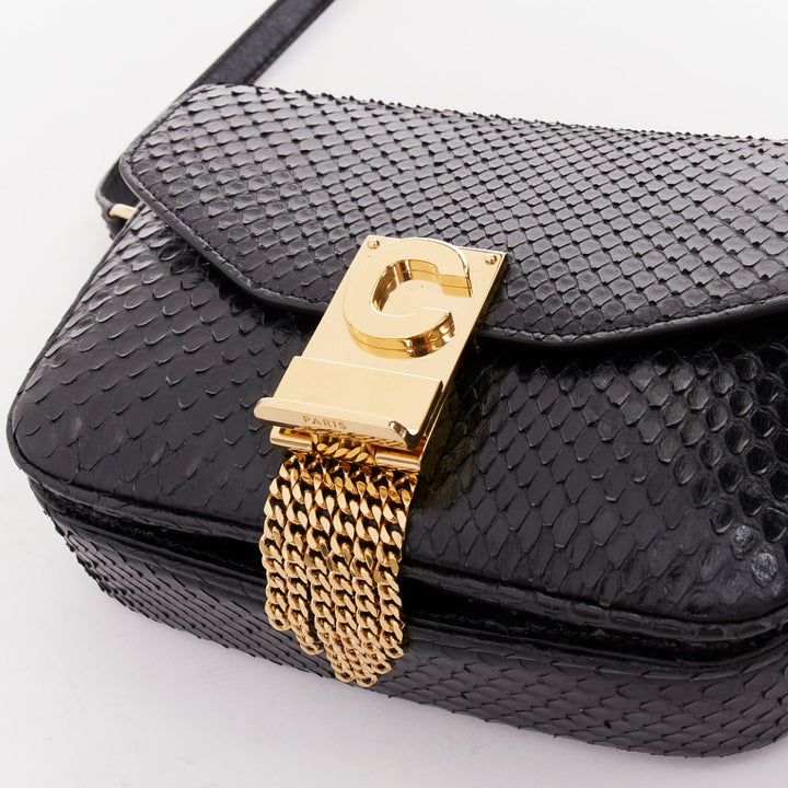 CELINE C Bag Runway black gold scaled leather fringe C clasp crossbody box bag