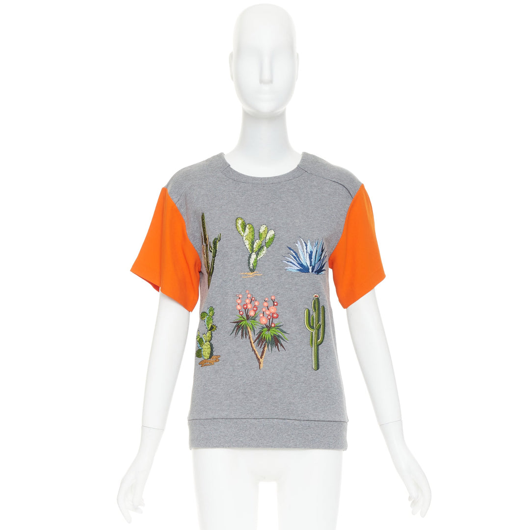 STELLA MCCARTNEY 2016 grey orange cotton embroidered Cactus sweater IT38 XS