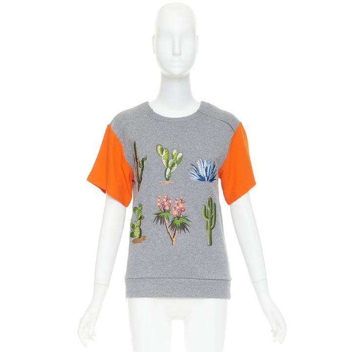 STELLA MCCARTNEY 2016 grey orange cotton embroidered Cactus sweater IT38 XS