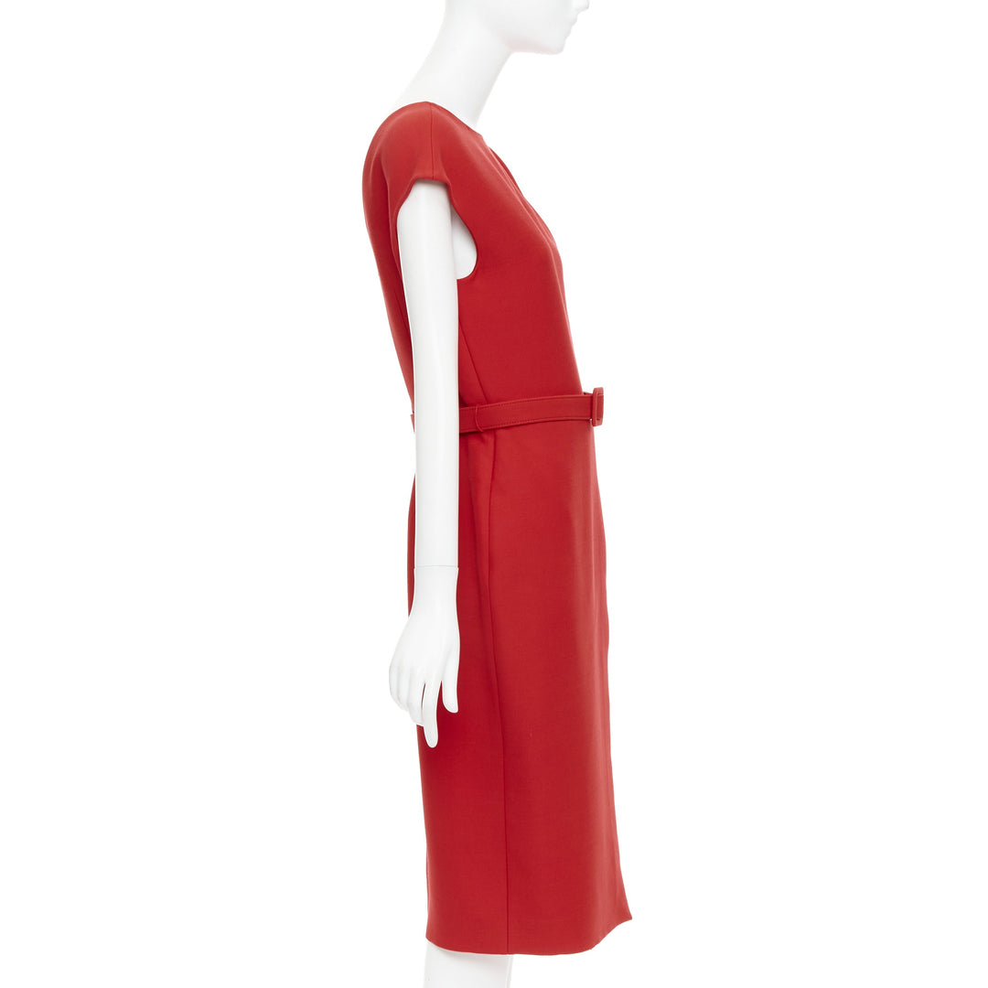 OSCAR DE LA RENTA R19 red wool silk cap sleeve belted sheath dress US8 L