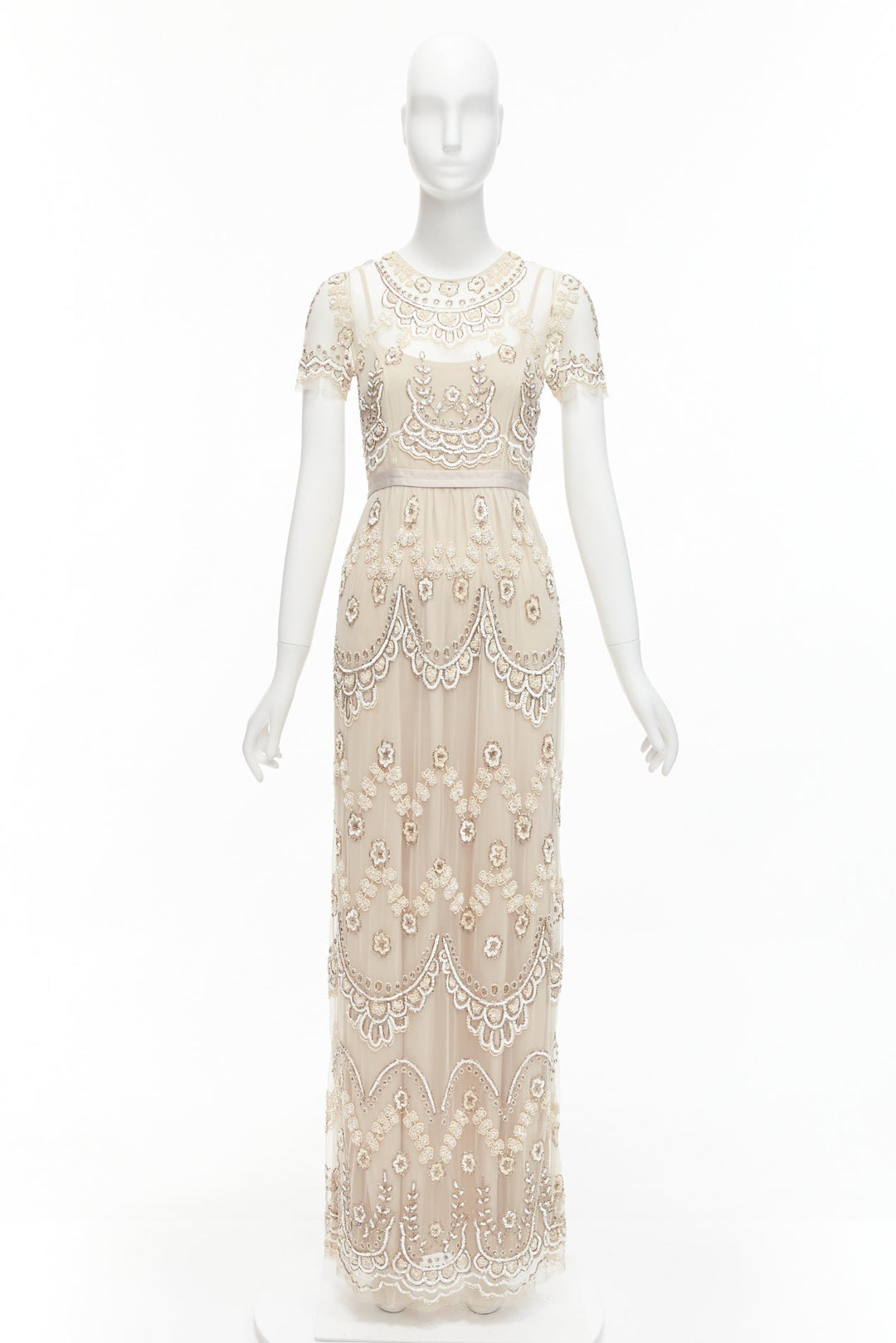 NEEDLE & THREAD nude sequins beads embellished overlay long gown UK6 XS