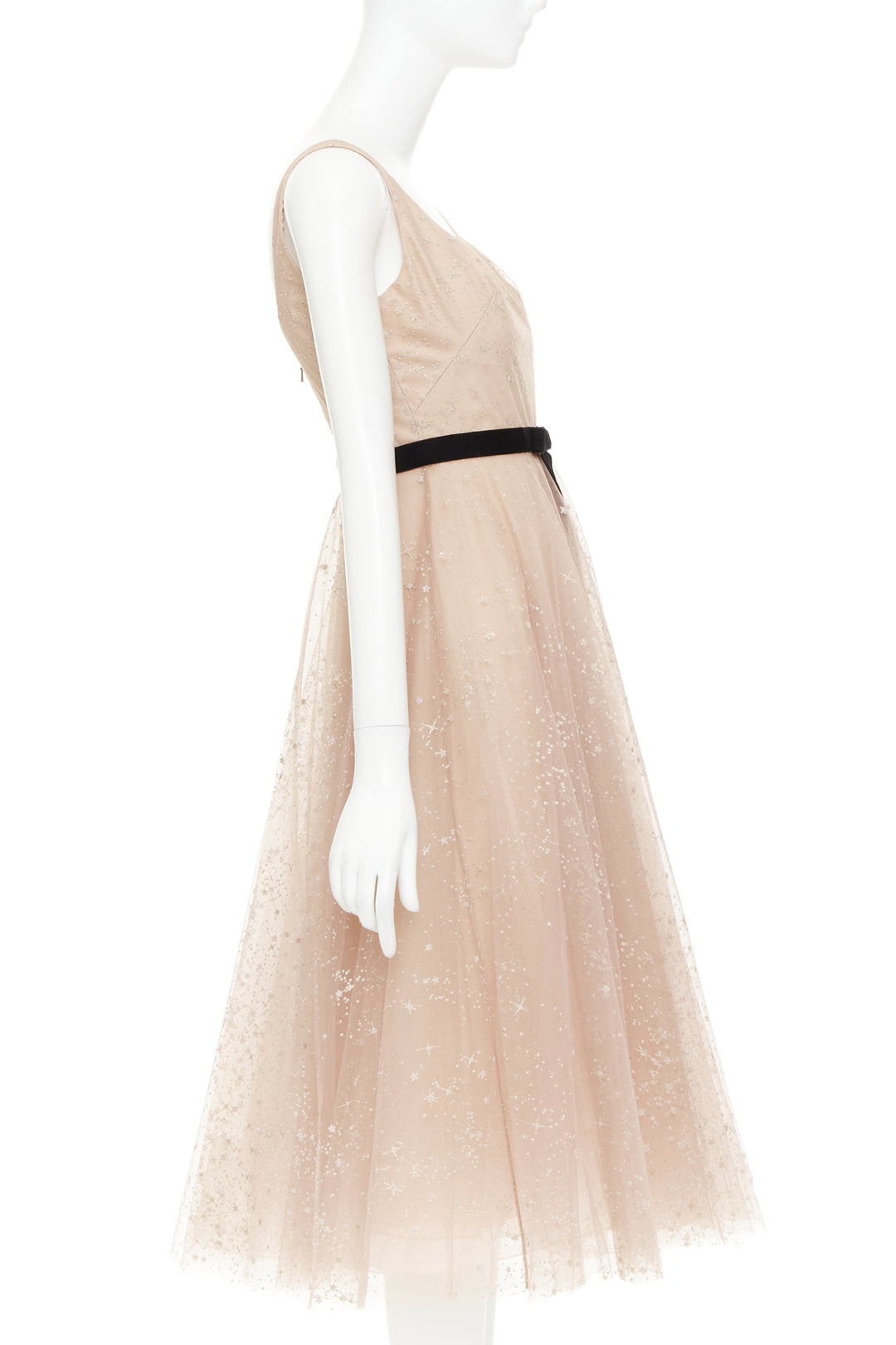 MARCHESA NOTTE blush pink glitter tulle black velvet bow tea length gown US2 S