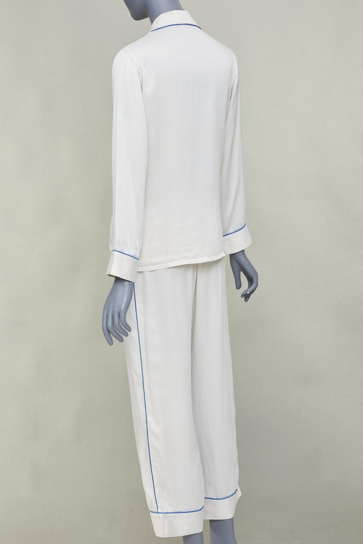 OLIVIA VON HALLE Coco ivory off white blue piping silk sleepwear set Sz1 S