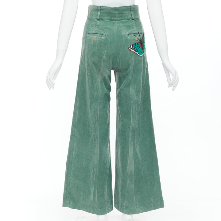 GUCCI green corduroy butterfly embroidery wide flare trousers IT40 S