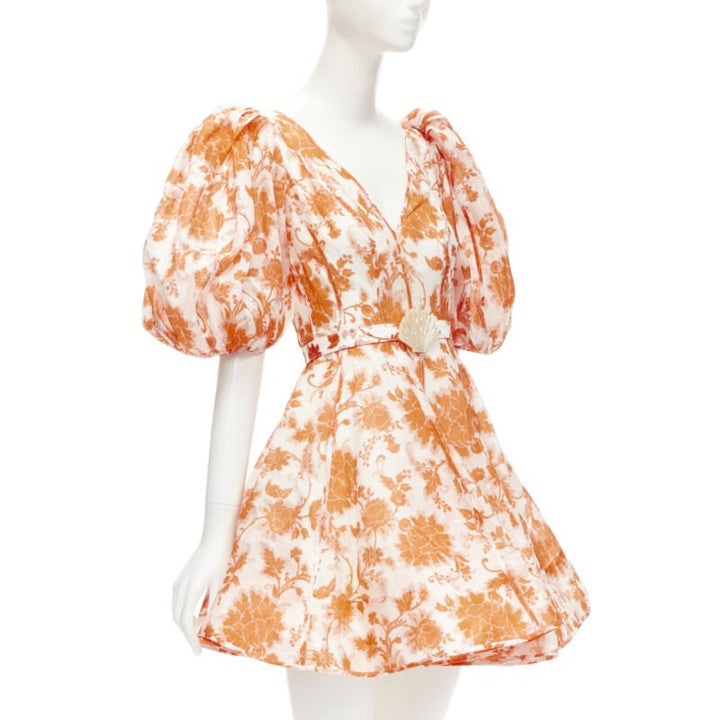 ZIMMERMANN 2022 Runway Postcard orange floral linen seashell belt dress AUS0 XS