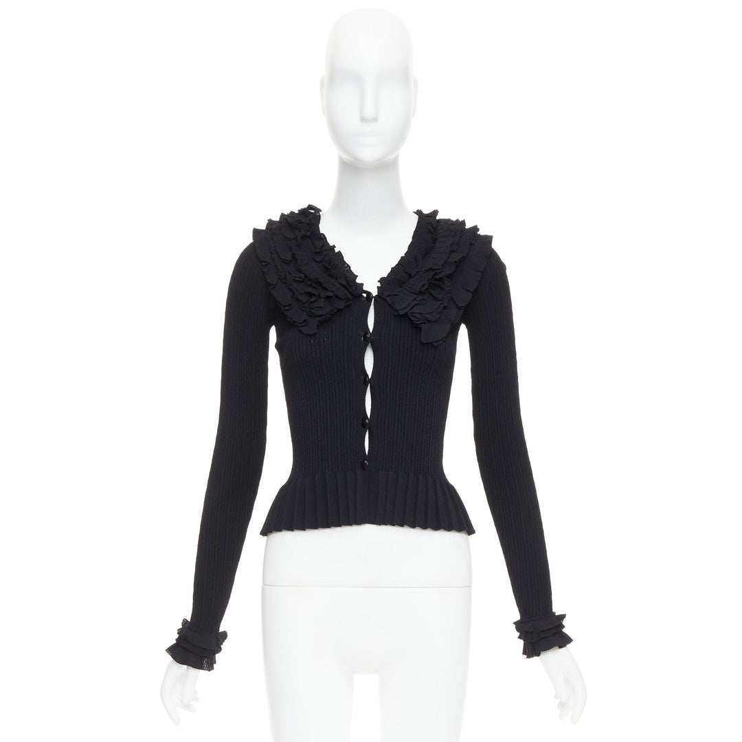 LOUIS VUITTON black ruffle collar cuffs ribbed long sleeves cardigan XS