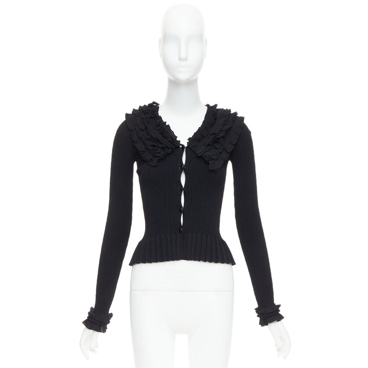 LOUIS VUITTON black ruffle collar cuffs ribbed long sleeves cardigan XS