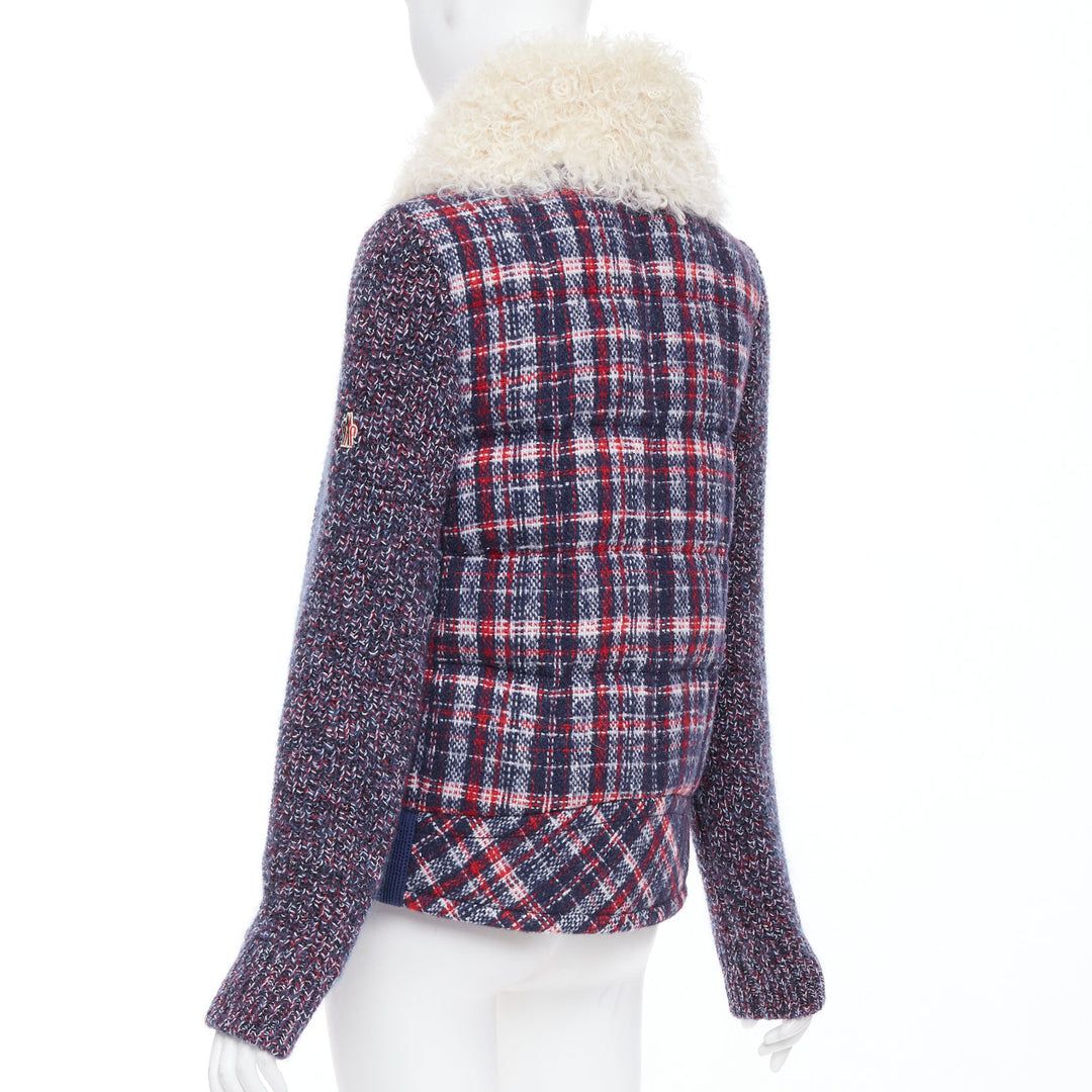 MONCLER GRENOBLE Runway Soleil red blue tweed fur collar down puffer Sz.0 XS