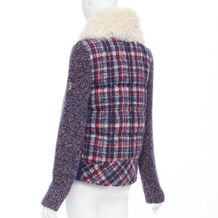 MONCLER GRENOBLE Runway Soleil red blue tweed fur collar down puffer Sz.0 XS