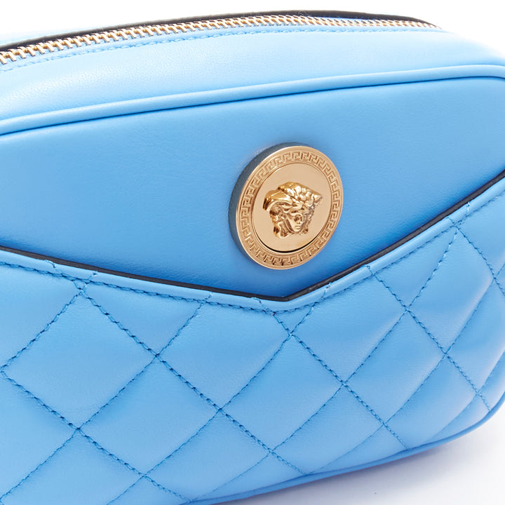 VERSACE blue lambskin leather quilted gold Medusa chain crossbody bag Small