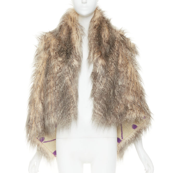 PRADA Raf Simons 2021 Runway brown fur purple floral jacquard clutch shawl IT38