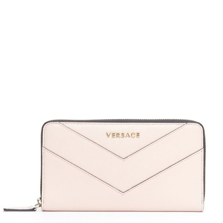 VERSACE light pink saffiano leather gold logo V stitch long wallet