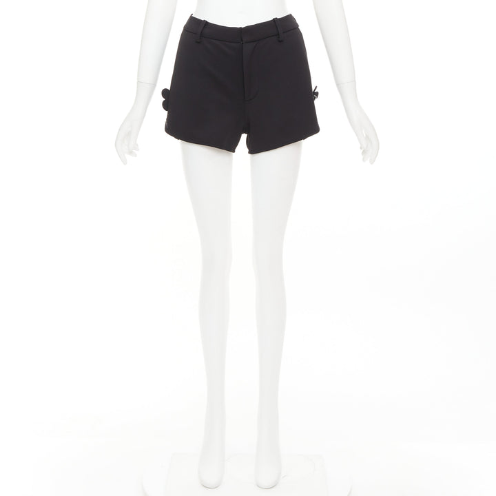 SHUSHU TONG Slit Shorts black floral button applique mini runner pants UK6 XS