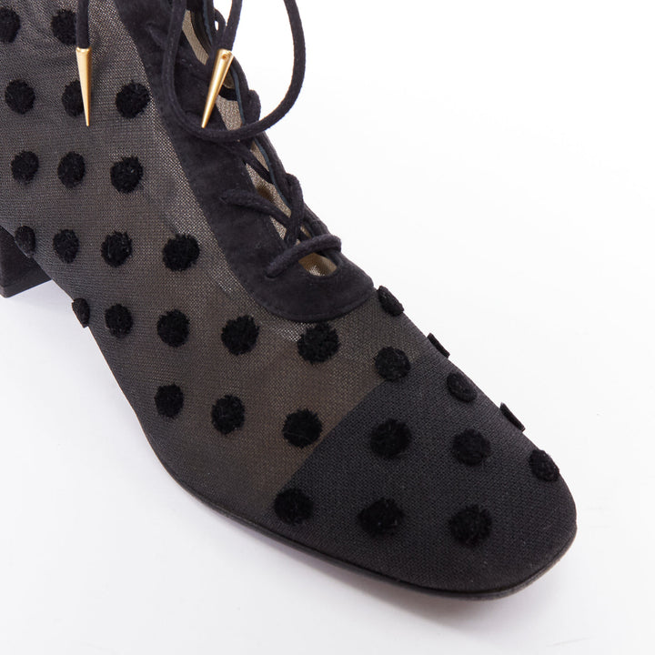 DIOR Naughtily-D black polka dot mesh gold tip ankle boots EU36.5