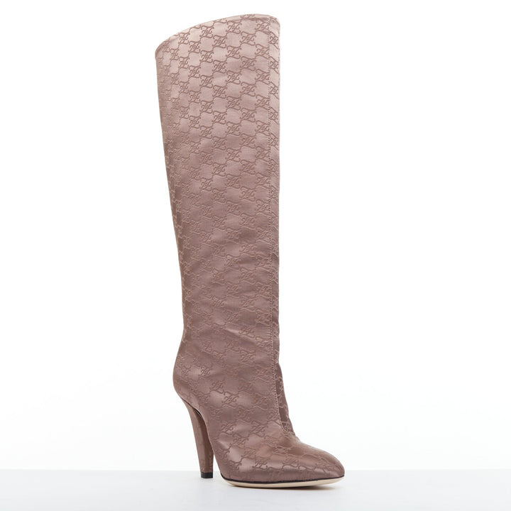 FENDI FF Karligraphy brown satin monogram knee high boots EU35