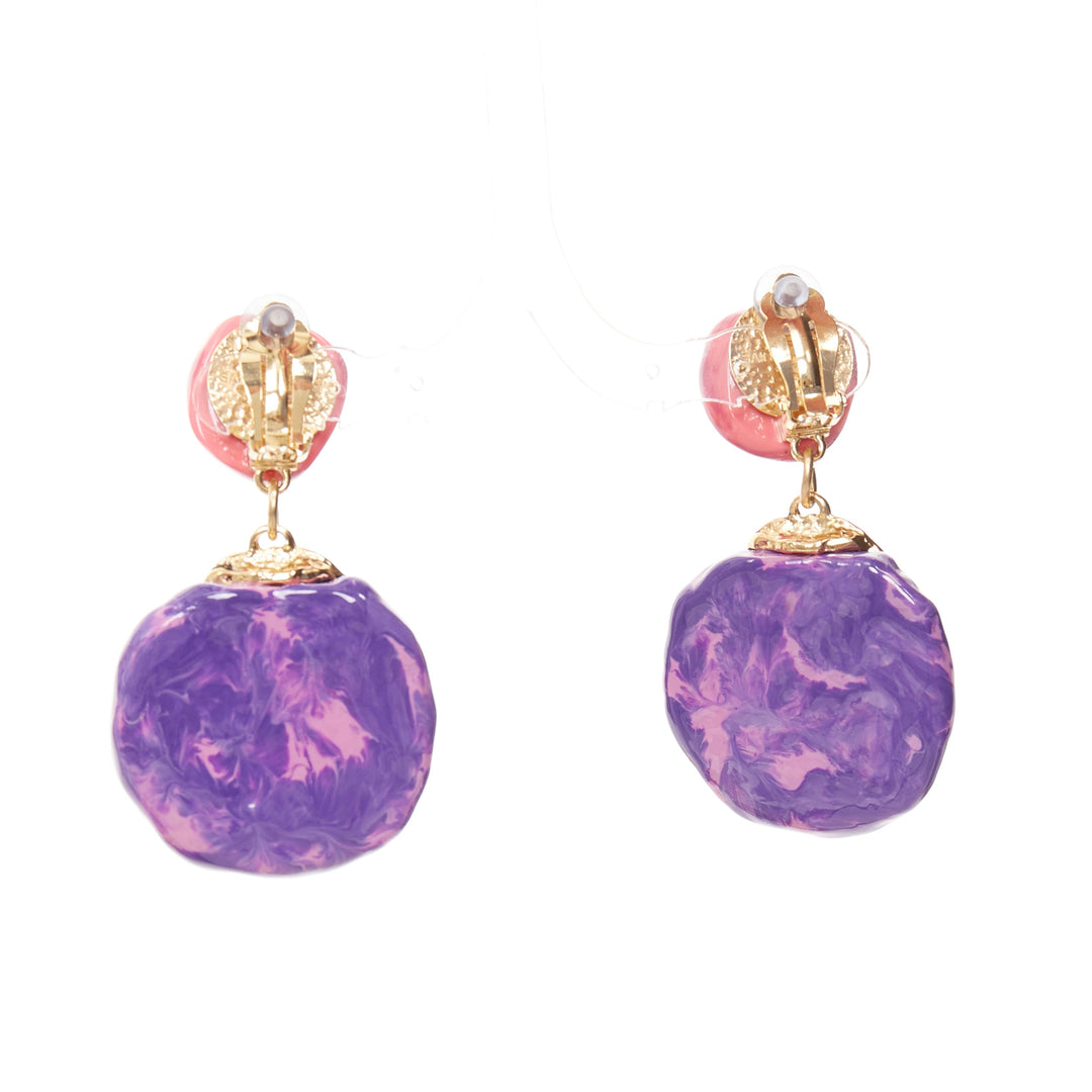 rare SAINT LAURENT 2022 Retro pink purple glazed resin brass clip earring Pair