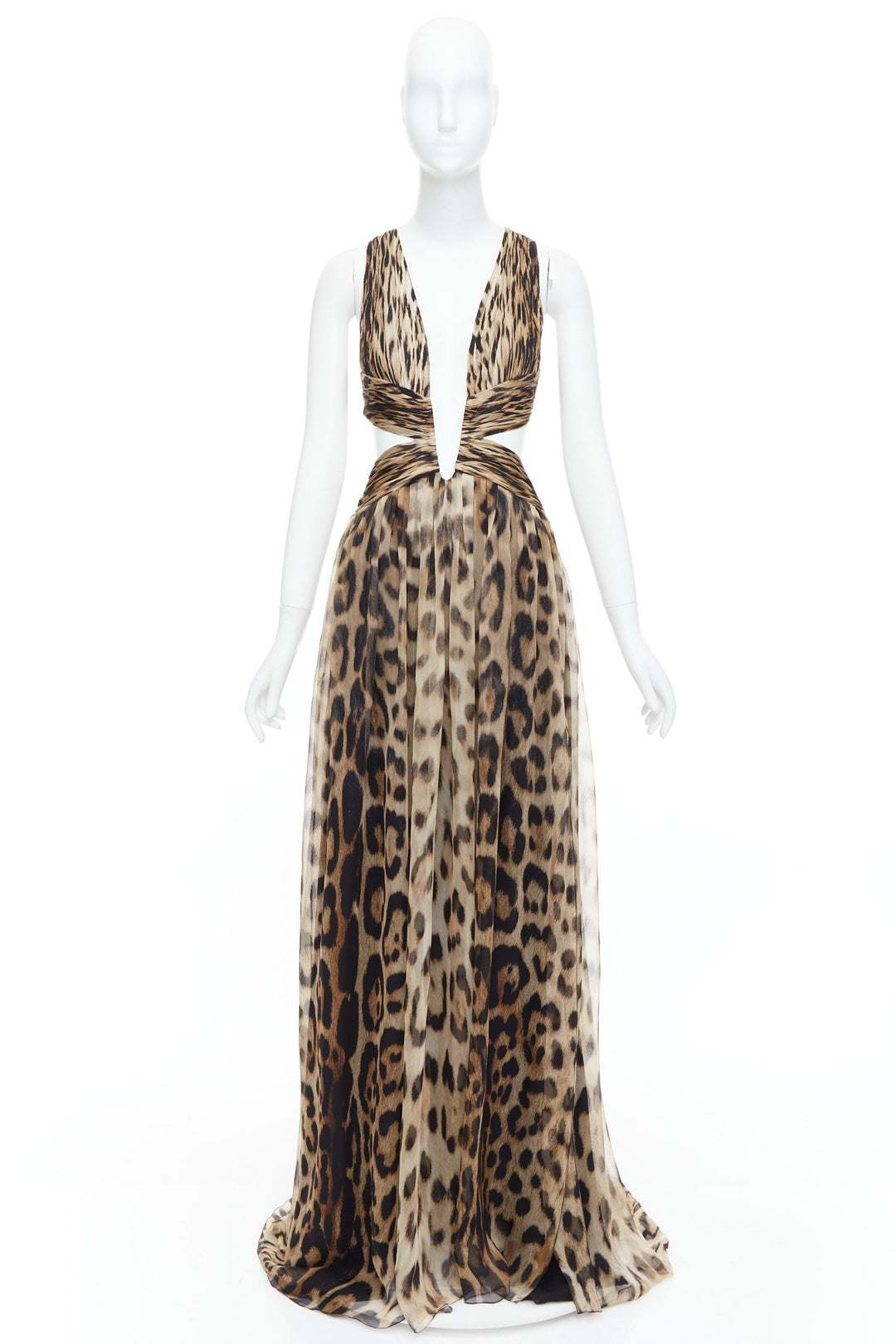 ROBERTO CAVALLI 2014 Runway brown leopard 100% silk cut out gown IT40 S