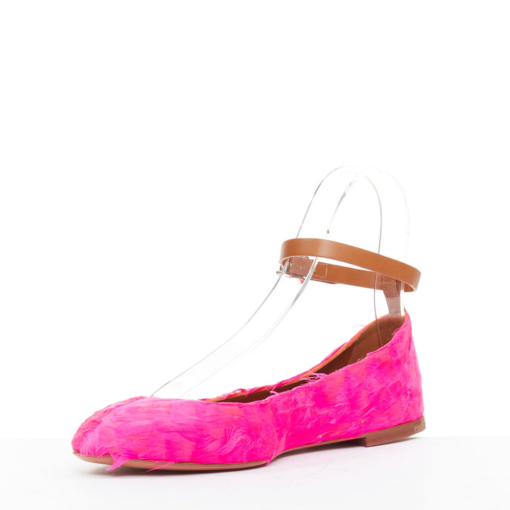 VALENTINO hot fuchsia pink turkey feather leather ankle strap flats EU37