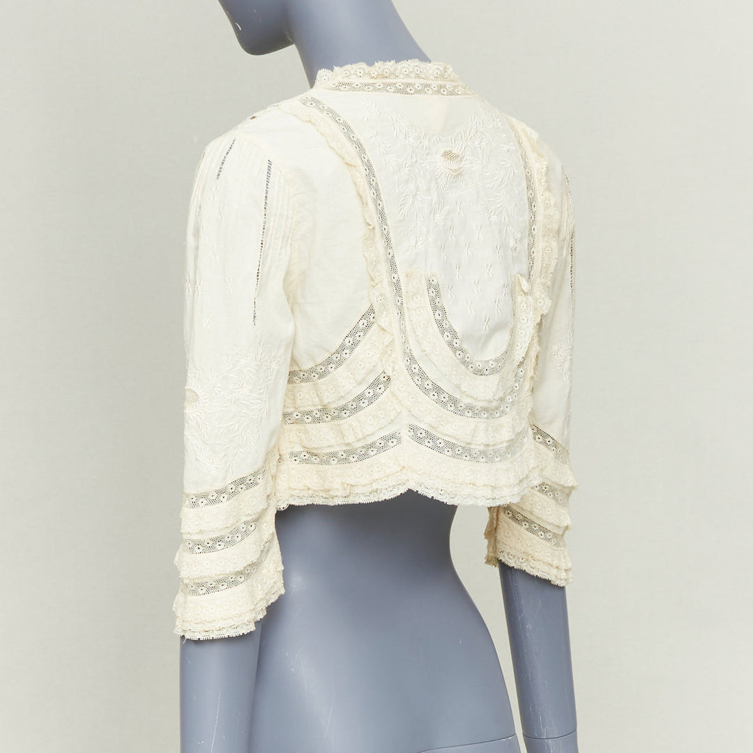 ANNA SUI cream cotton intricate lace floral embroidery ruffle trim bolero jacket