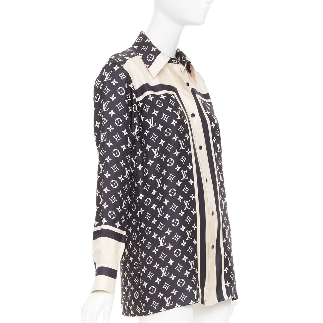LOUIS VUITTON 2020 stripe accent mixed monogram silk long sleeve shirt FR34 XS