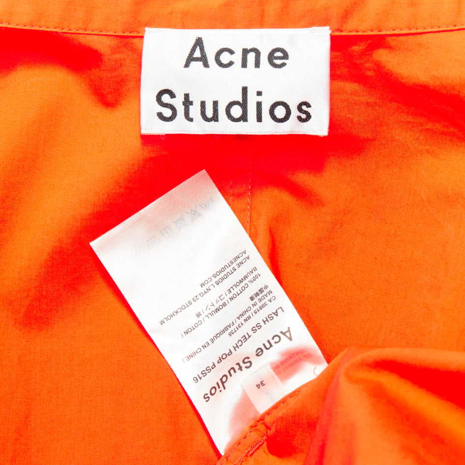 ACNE STUDIOS 2016 Lash Tech Pop neon orange cotton shirt dress FR34 XS