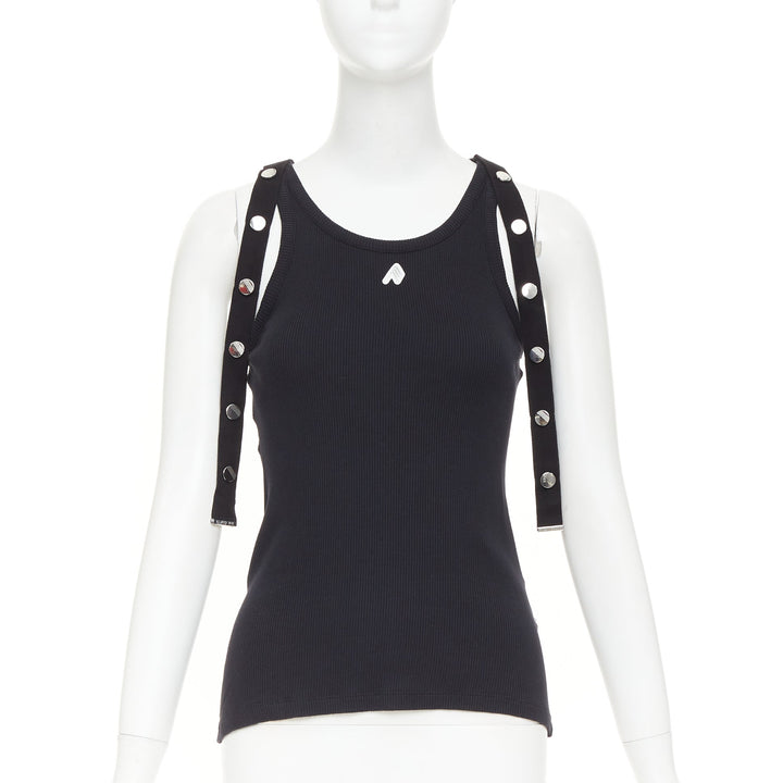 THE ATTICO 2024 black silver metal snap button logo ribbed tank top IT40 S