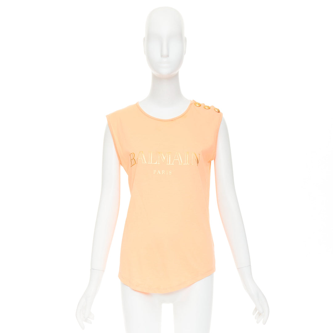 BALMAIN peach pink gold foil logo buttons shoulder sleeveless tshirt FR36 S