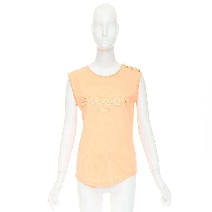BALMAIN peach pink gold foil logo buttons shoulder sleeveless tshirt FR36 S