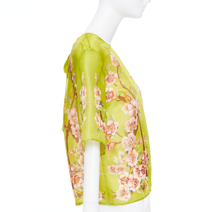 DOLCE GABBANA 100% silk green pink blossom print half sleeve blouse IT40 S