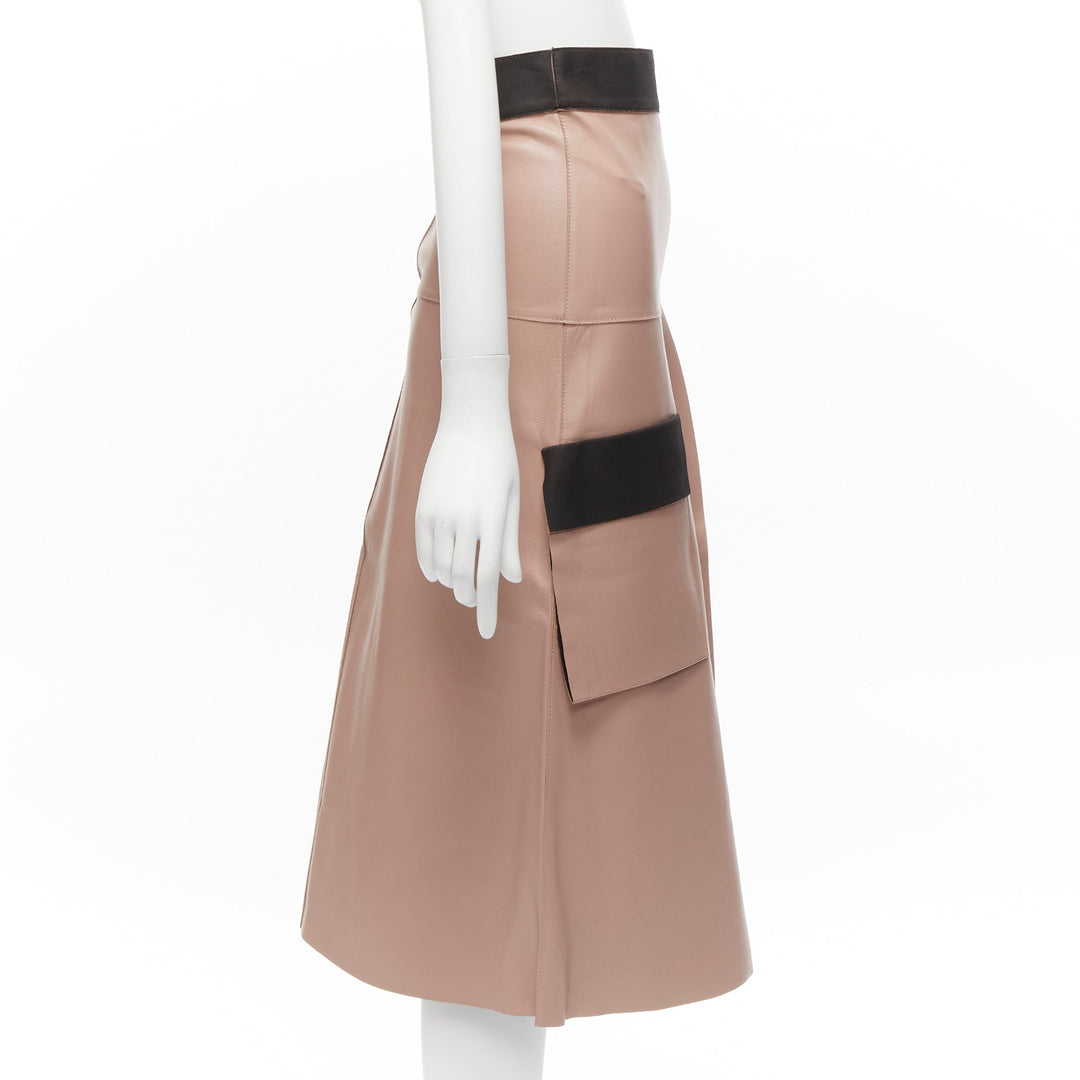 DION LEE Sandy pink brown sheep leather panelled A-line midi skirt UK6 XS