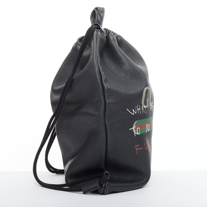 GUCCI 2017 Coco Capitan black leather graffiti drawstring backpack tote bag