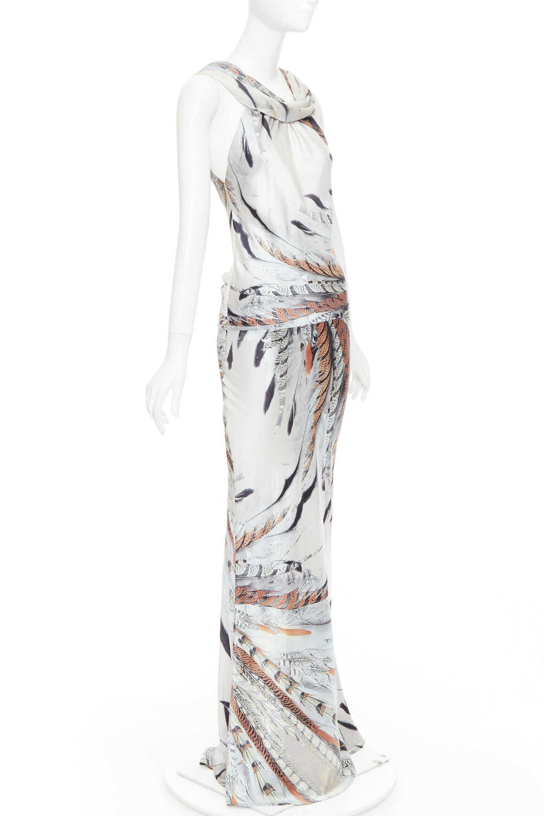 ROBERTO CAVALLI Vintage silk steel grey brown feather print drape gown dress XS