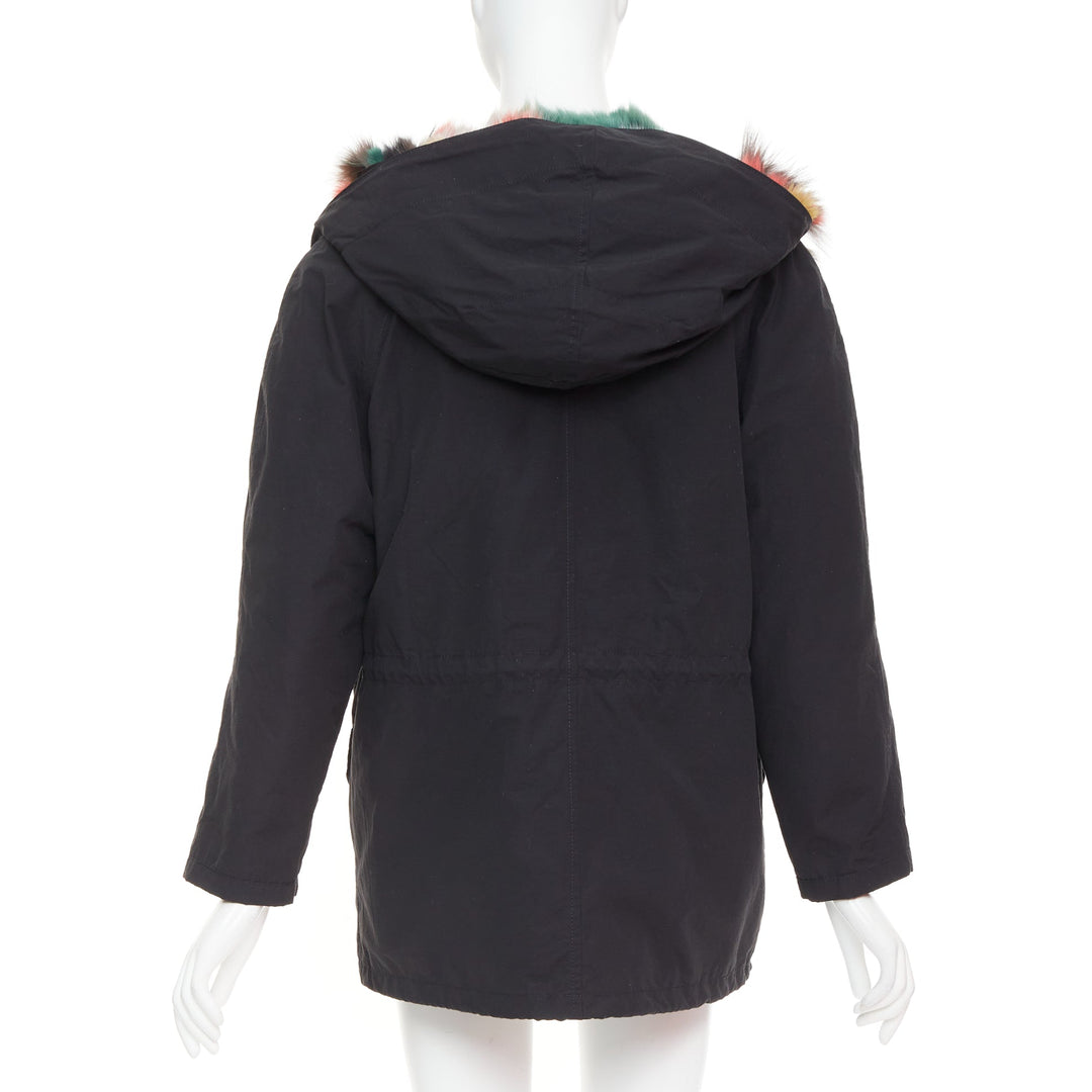 Black cotton detachable multicolour fox fur lined parka coat IT36 XXS
