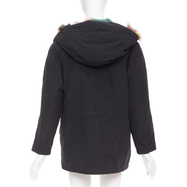 Black cotton detachable multicolour fox fur lined parka coat IT36 XXS