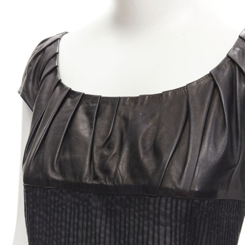 GUCCI TOM FORD Vintage black leather cap pleated sheer waist top S