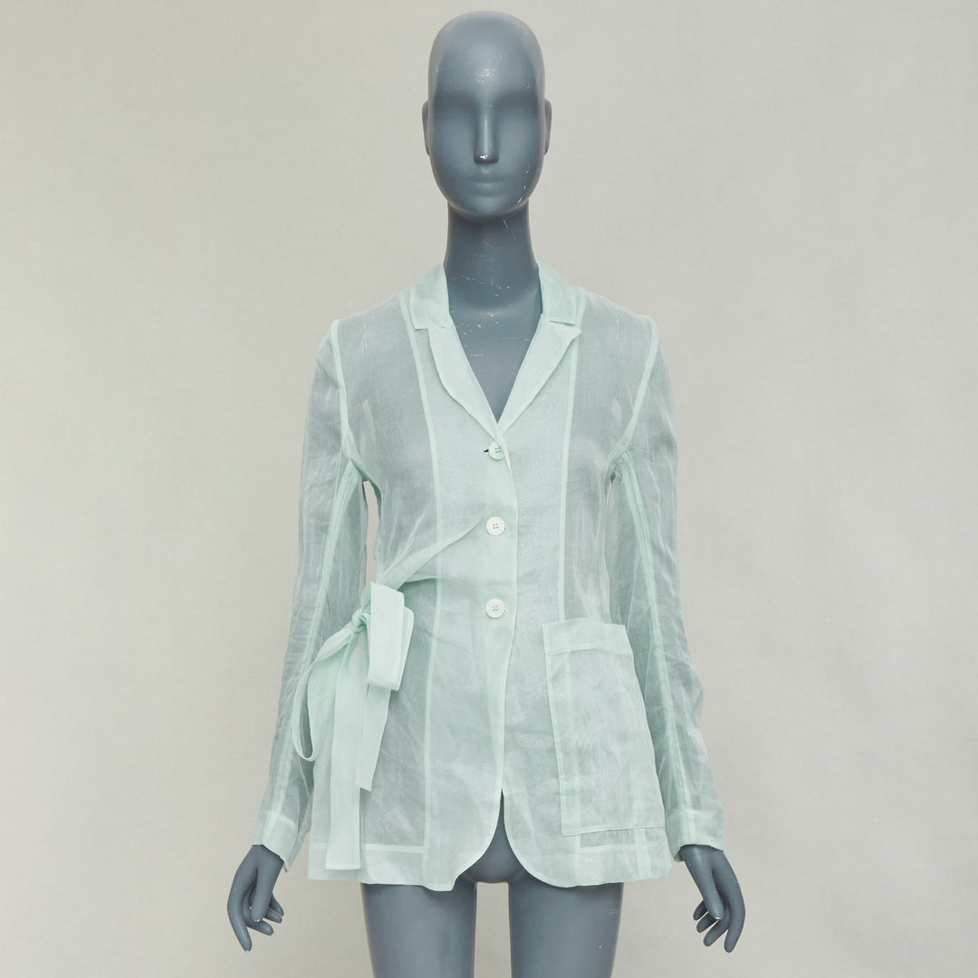 CECILIE BAHNSEN Fisola mint green cotton sheer bow tie waist blazer UK8 S