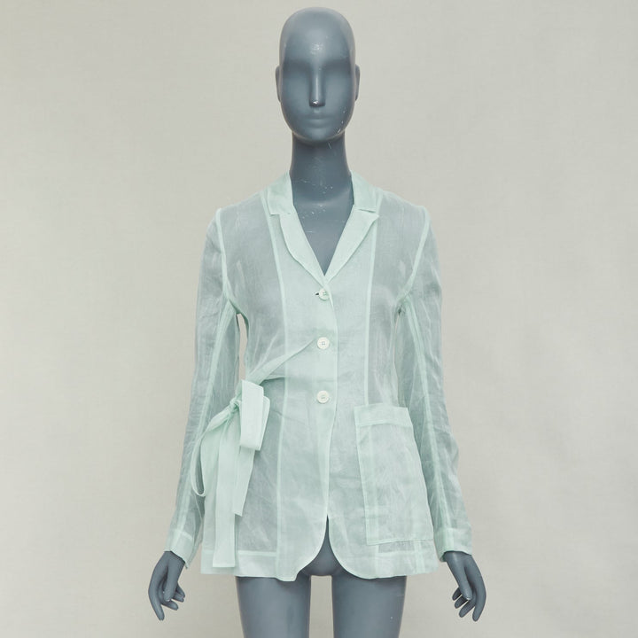 CECILIE BAHNSEN Fisola mint green cotton sheer bow tie waist blazer UK8 S