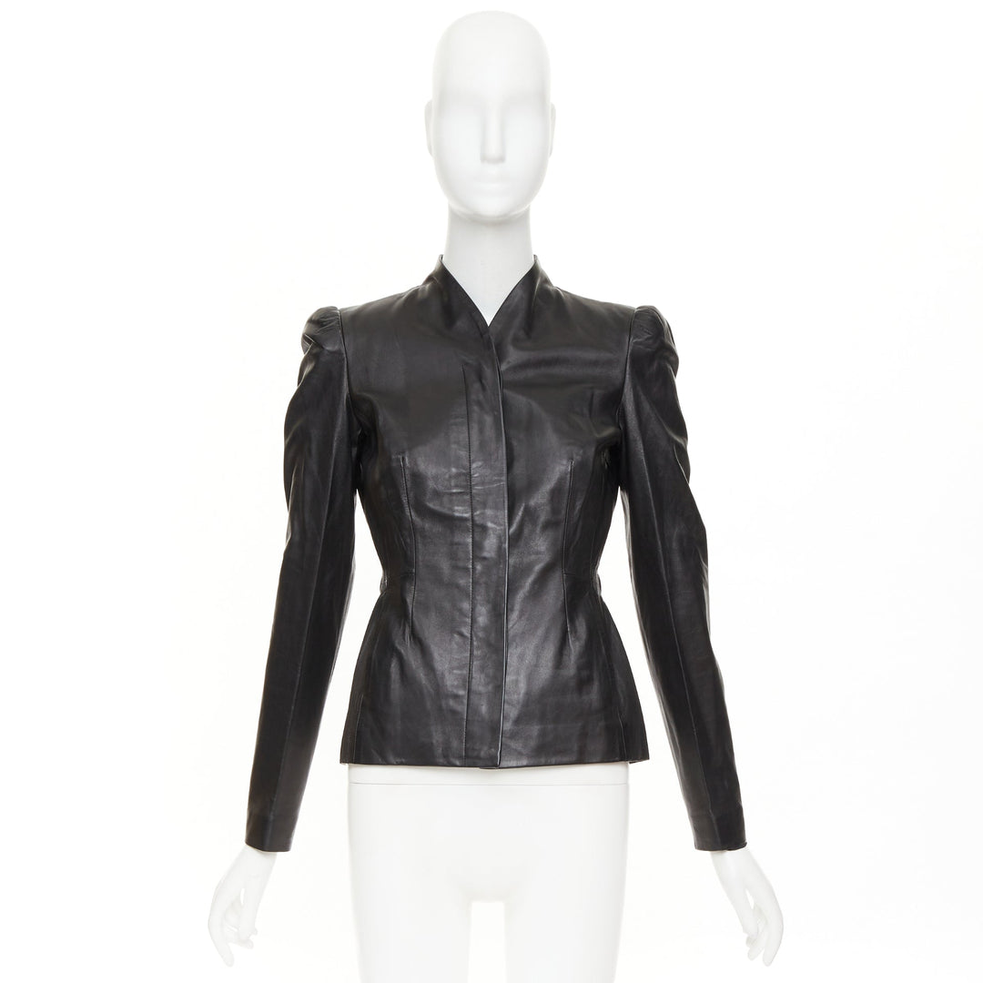 GUCCI Tom Ford Vintage black lambskin leather ruched shoulders jacket IT40 S