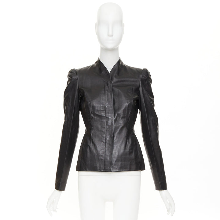 GUCCI Tom Ford Vintage black lambskin leather ruched shoulders jacket IT40 S
