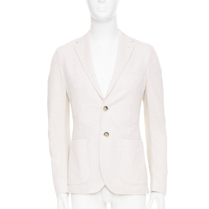 EQUIL beige flax cotton blend slub notch lapel patch pocket blazer jacket EU46 S