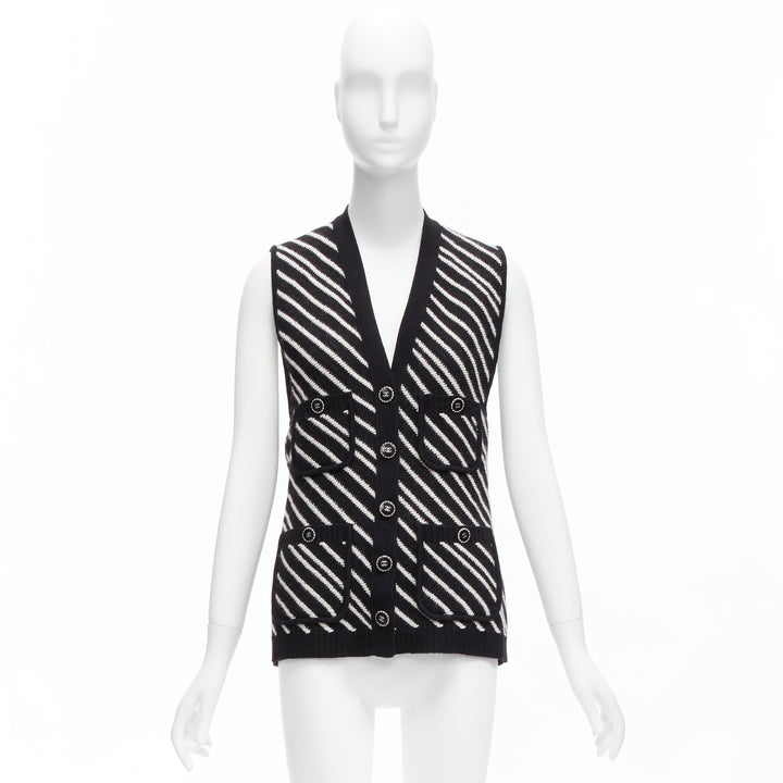 CHANEL 100% cashmere black white graphic stripes 4 pocket vest jacket FR34 XS