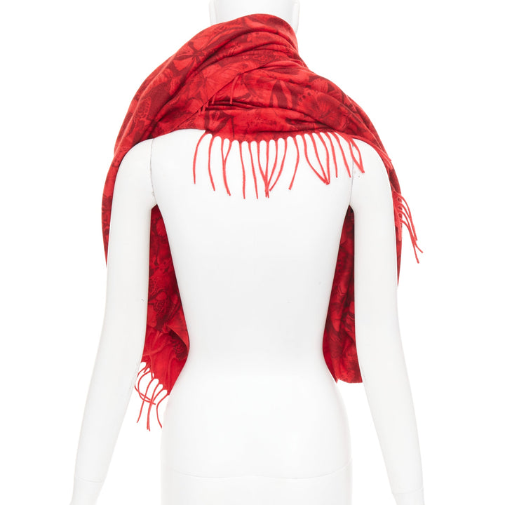 VALENTINO Camubutterfly 100% cashmere red butterfly floral print fringed scarf