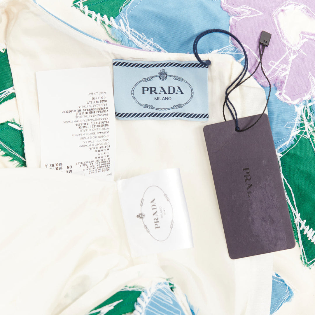 PRADA 2016 cream blue green silk overstitch patchwork floral bow dress IT38 XS